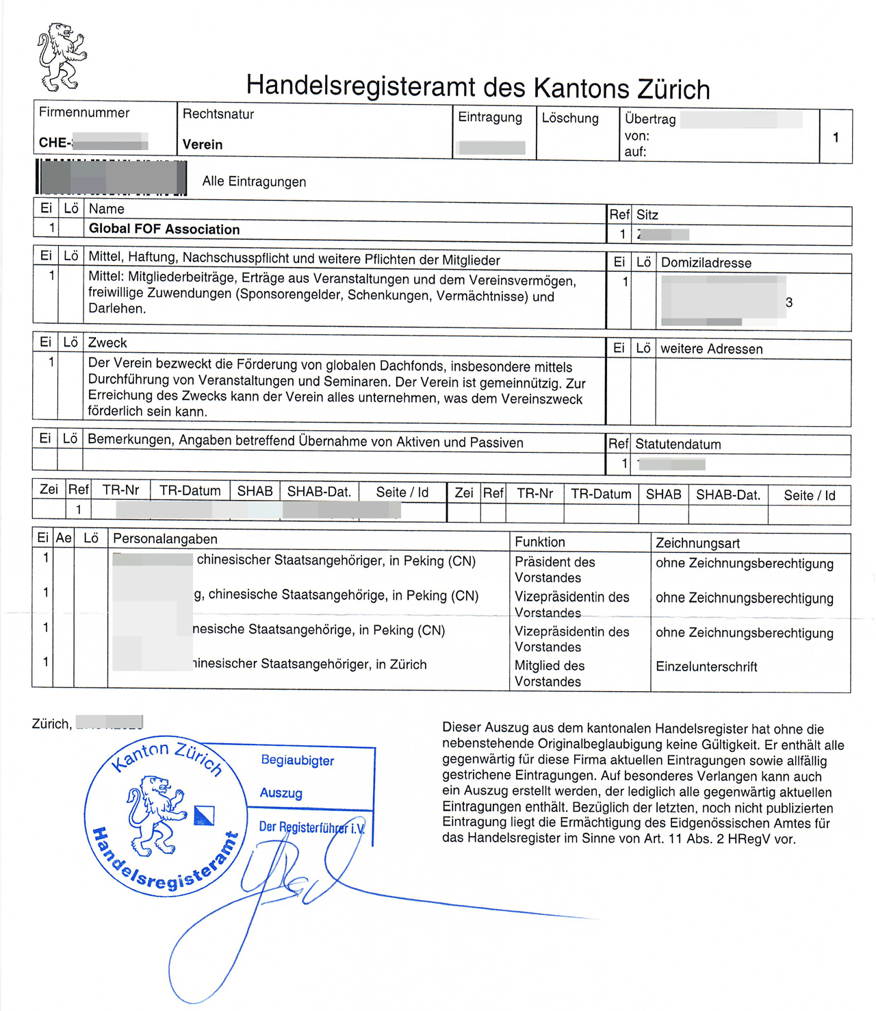 瑞士苏黎世州公司注册证书